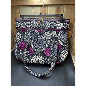 Vera Bradley Quilted Tote Bag Black Pink Gray Damask Pattern Large Shoulder Bag
